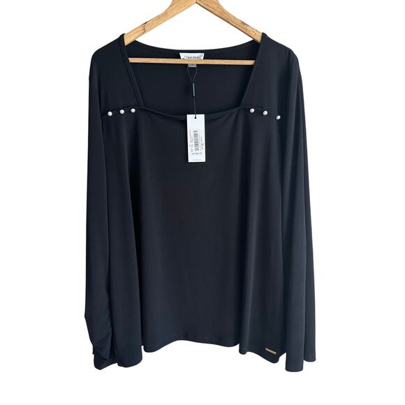 Calvin Klein Square Neck Split Sleeve Pearl Accent Dressy Blouse Top Black 2X - Picture 1 of 10